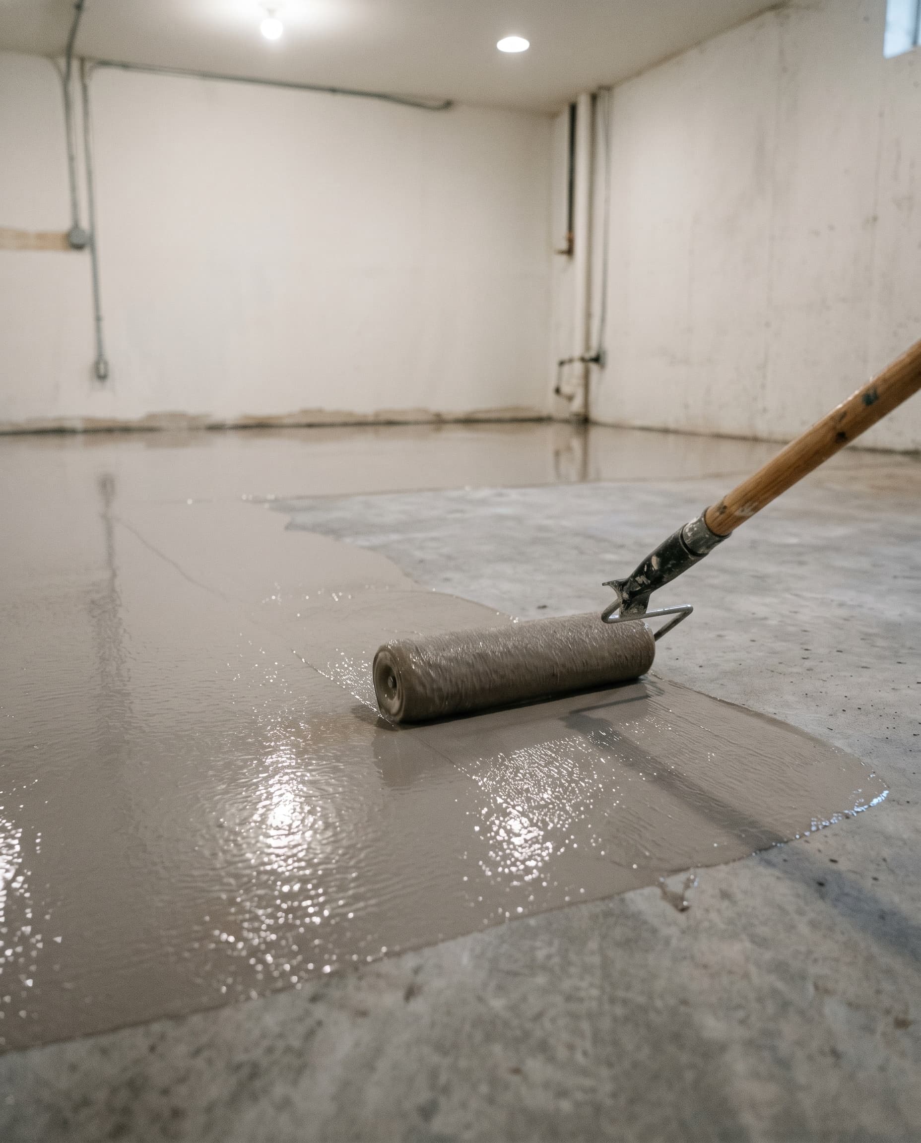 Roller applying warm grey epoxy base on basement slab.