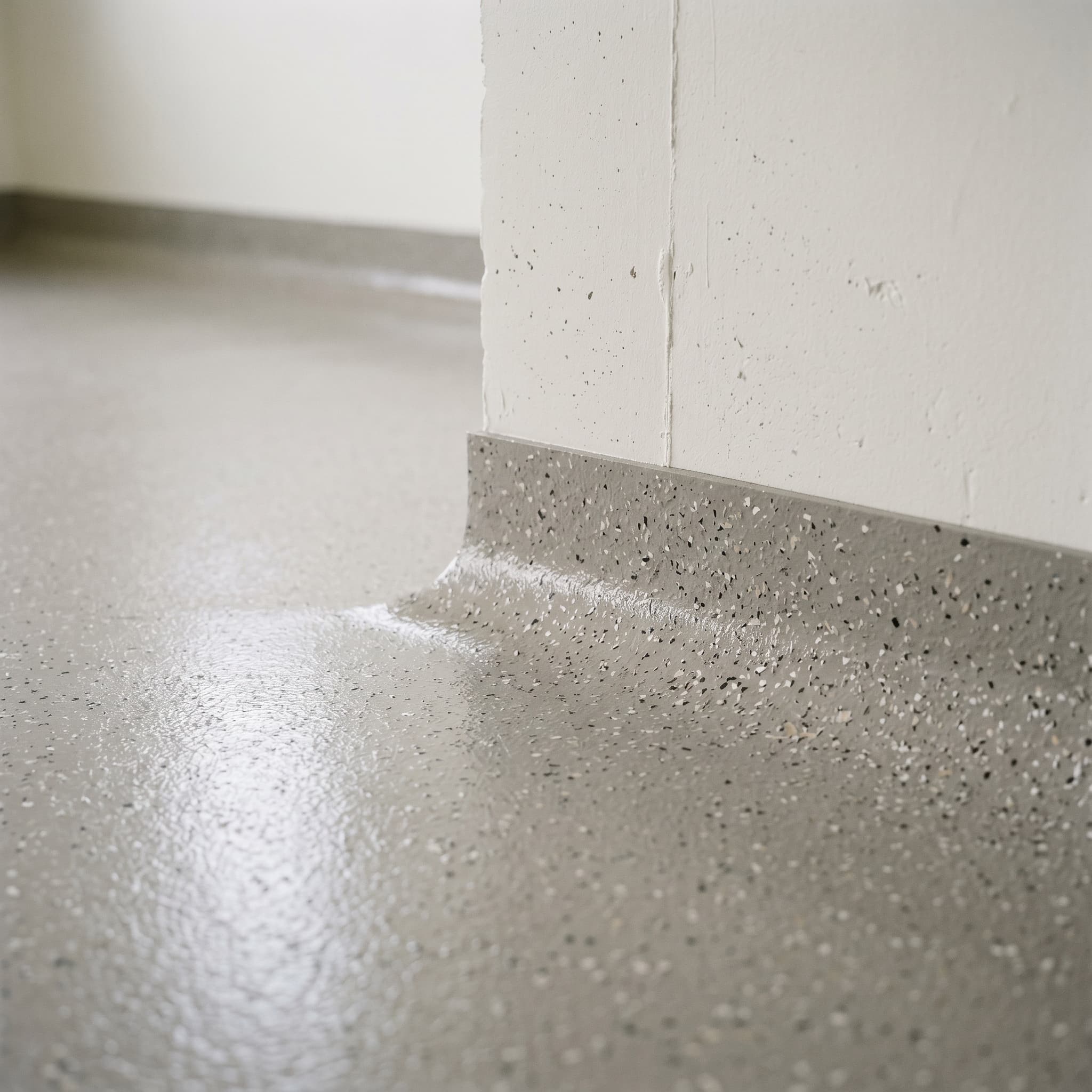 Floor-to-wall cove transition on a finished basement epoxy floor.