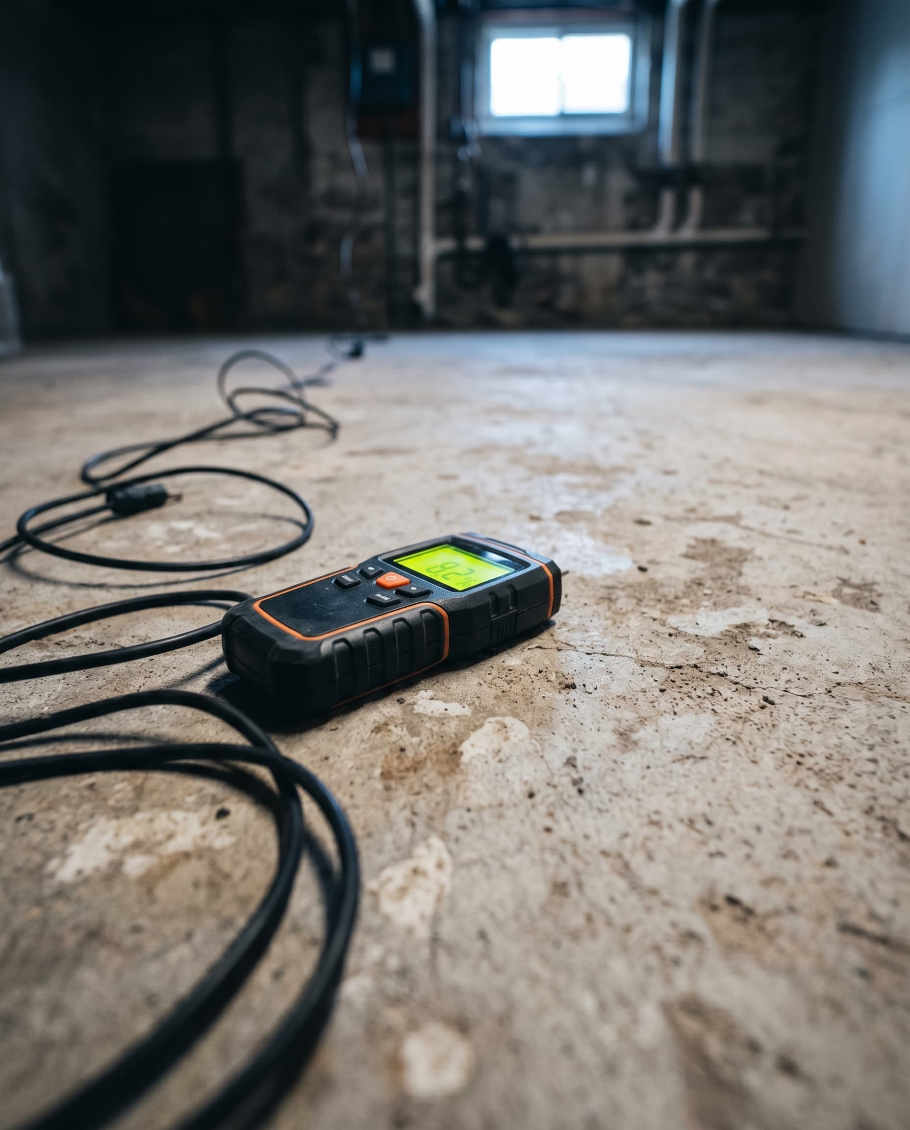 Moisture meter testing vapor on a bare Troy basement slab.