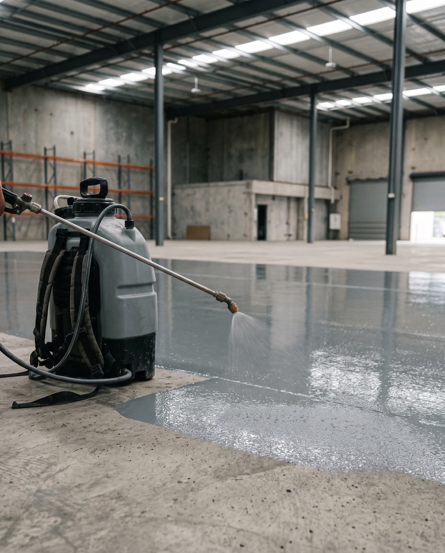 Backpack sprayer applying industrial grey epoxy on commercial slab.