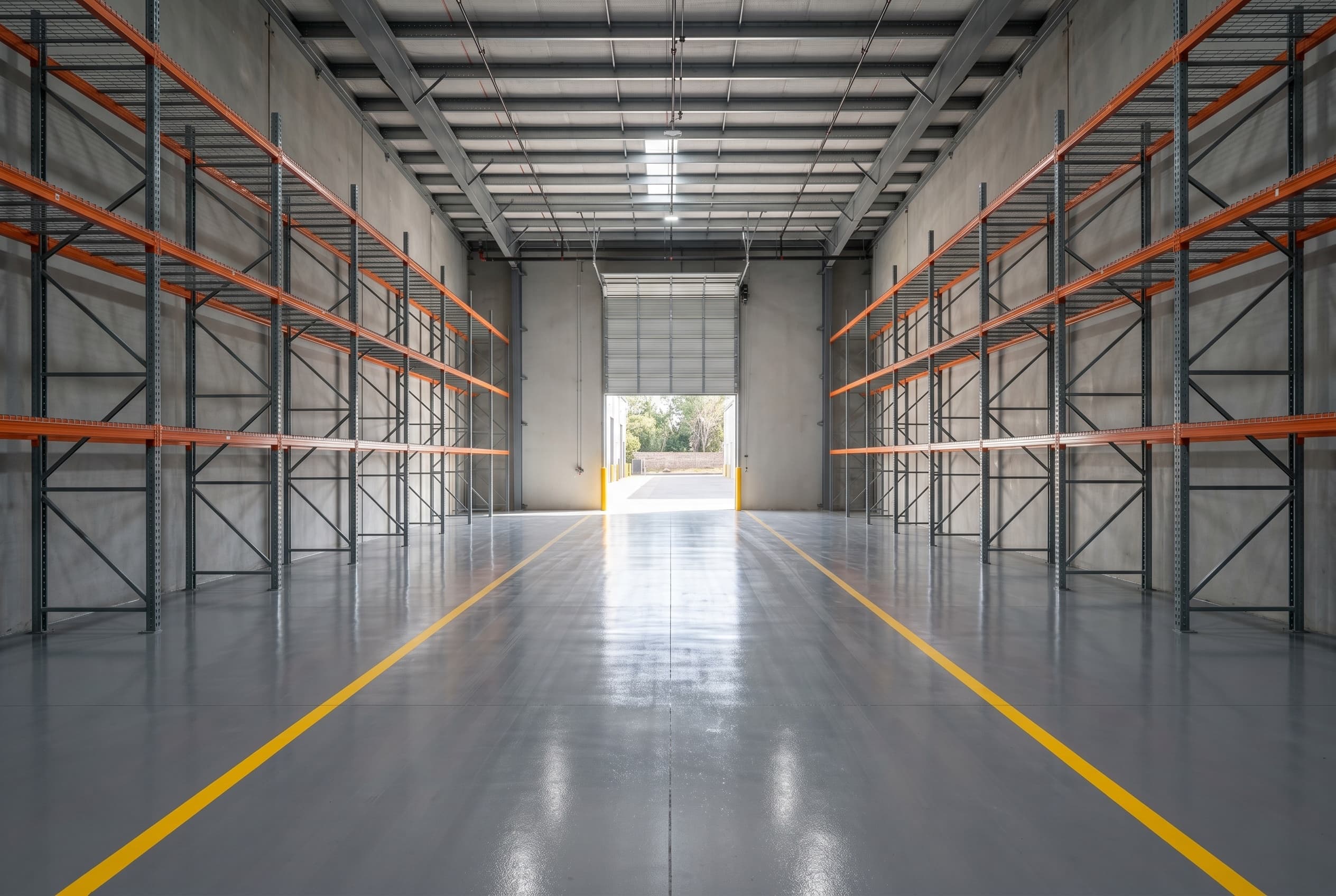 Wide commercial warehouse with grey epoxy floor and traffic lanes.