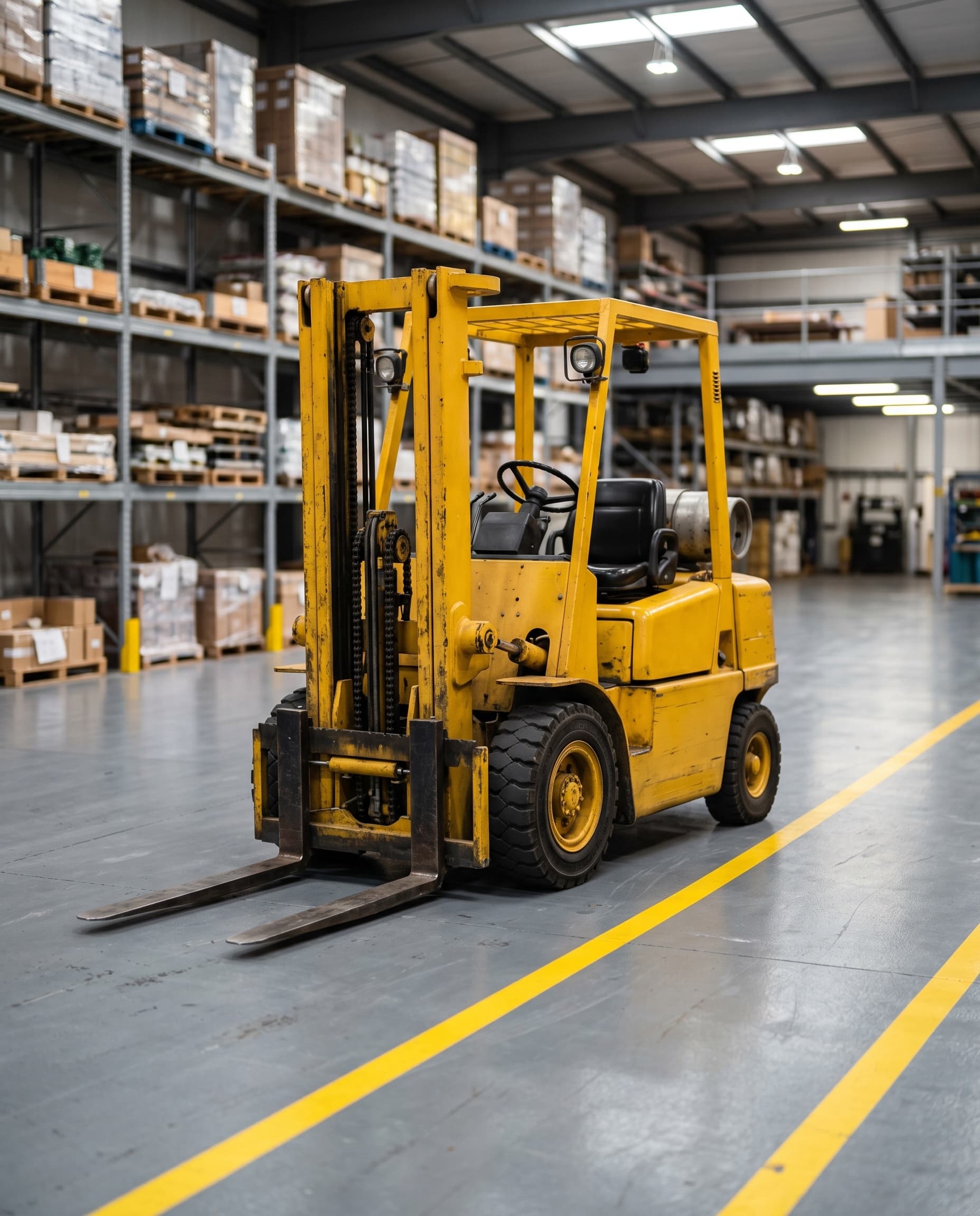 Forklift on finished grey commercial epoxy floor with lane stripes.