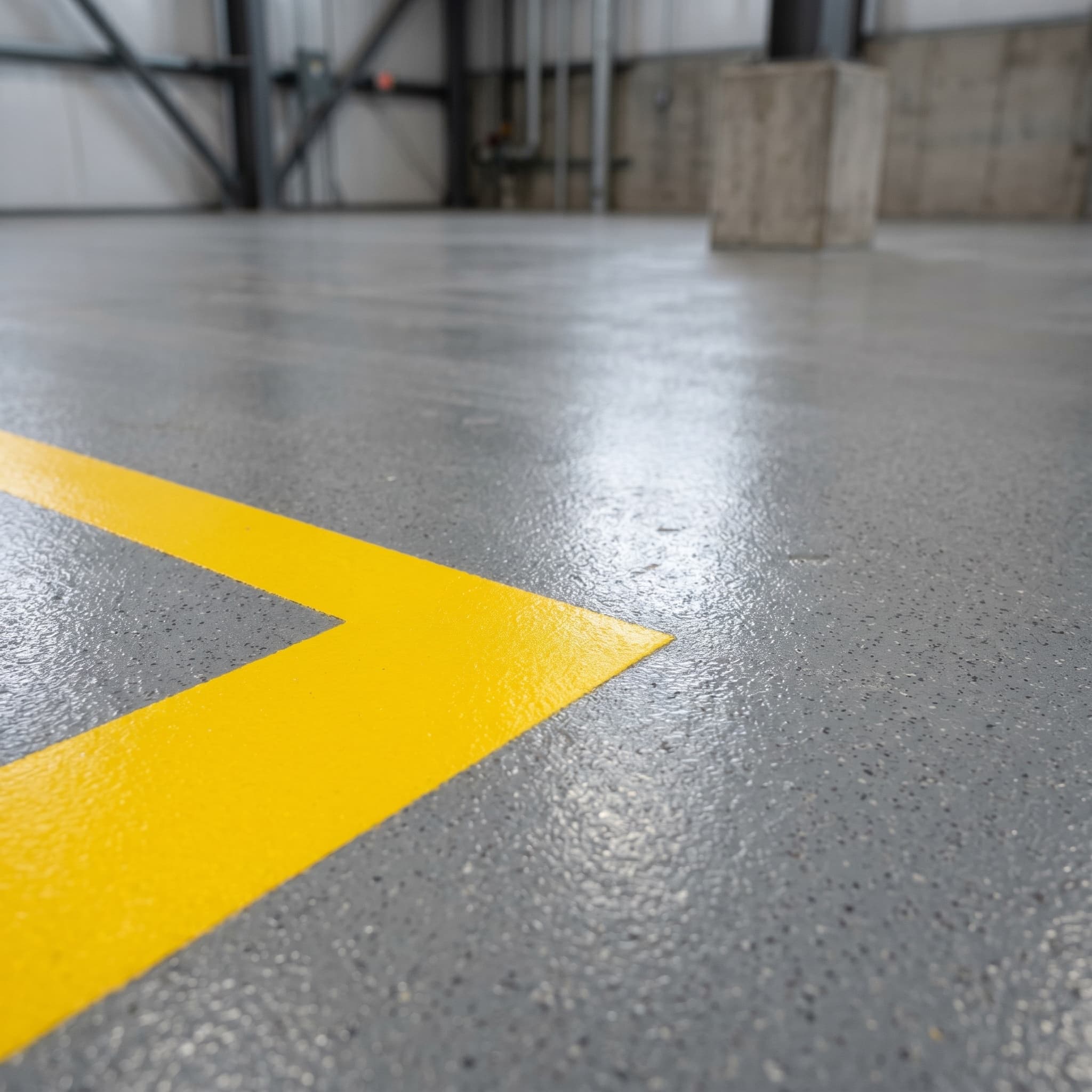 Yellow safety lane stripe against grey commercial epoxy floor.