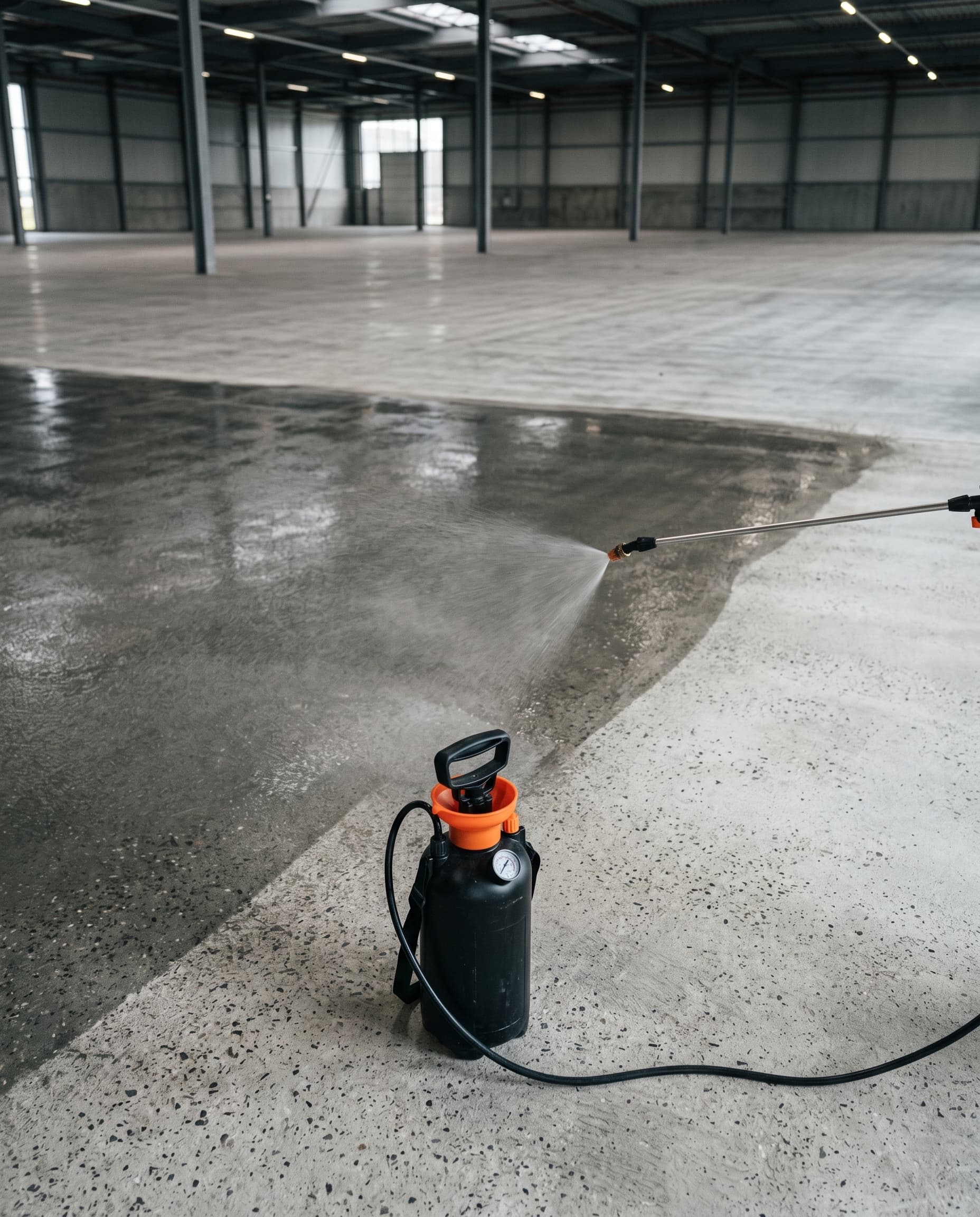 Pump sprayer applying lithium-silicate densifier to ground commercial slab.