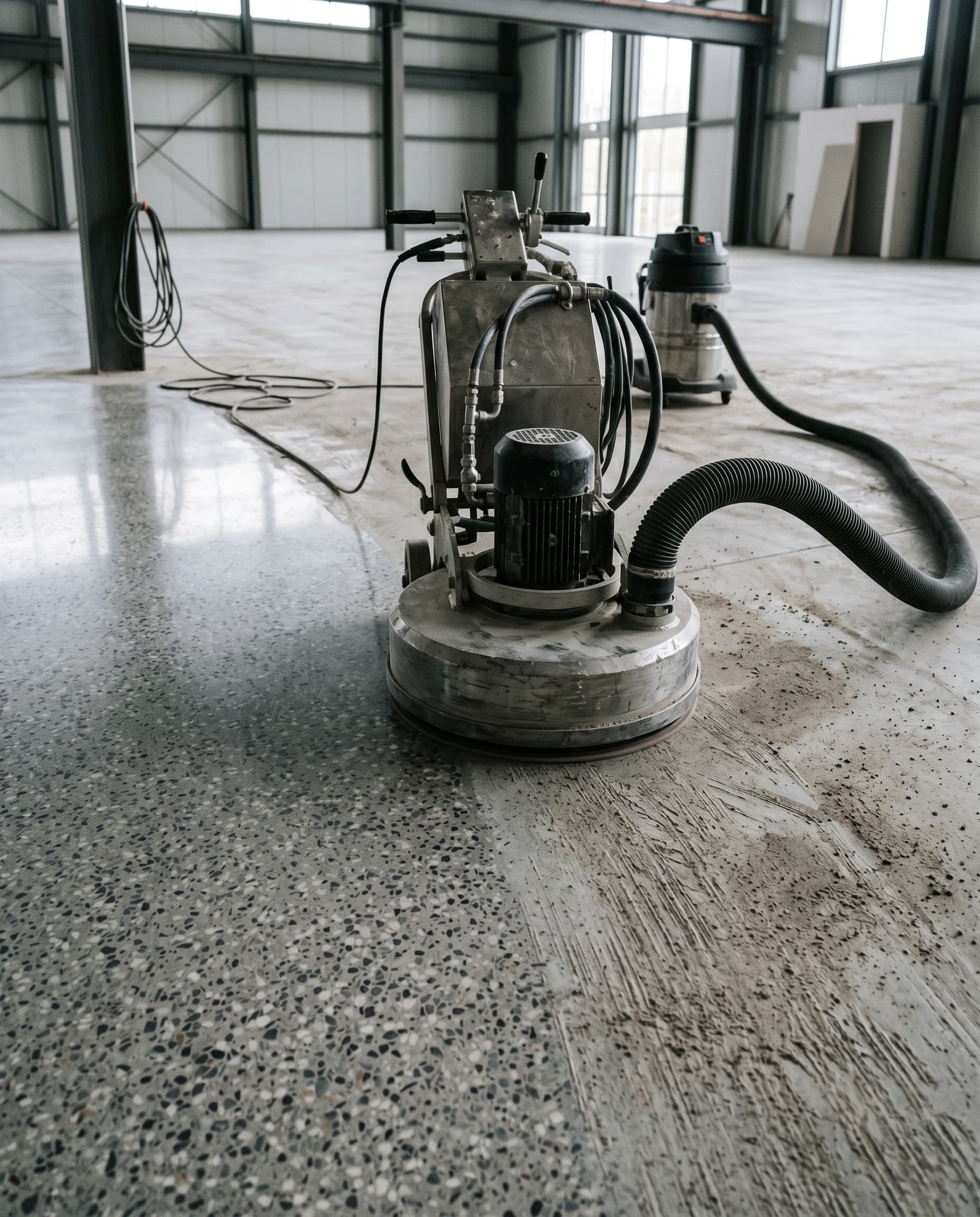 Concrete polisher with 800-grit pad on a commercial slab.