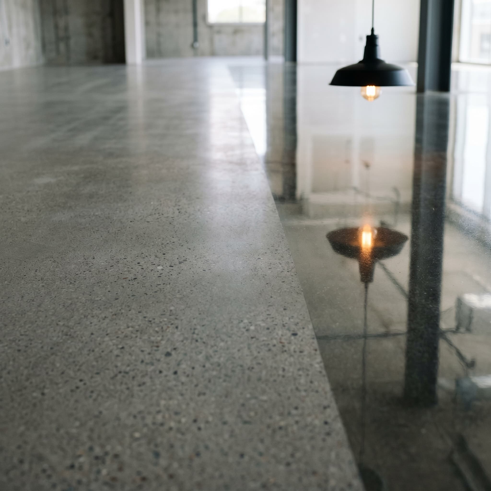 Polished concrete gradient from matte satin to mirror finish.