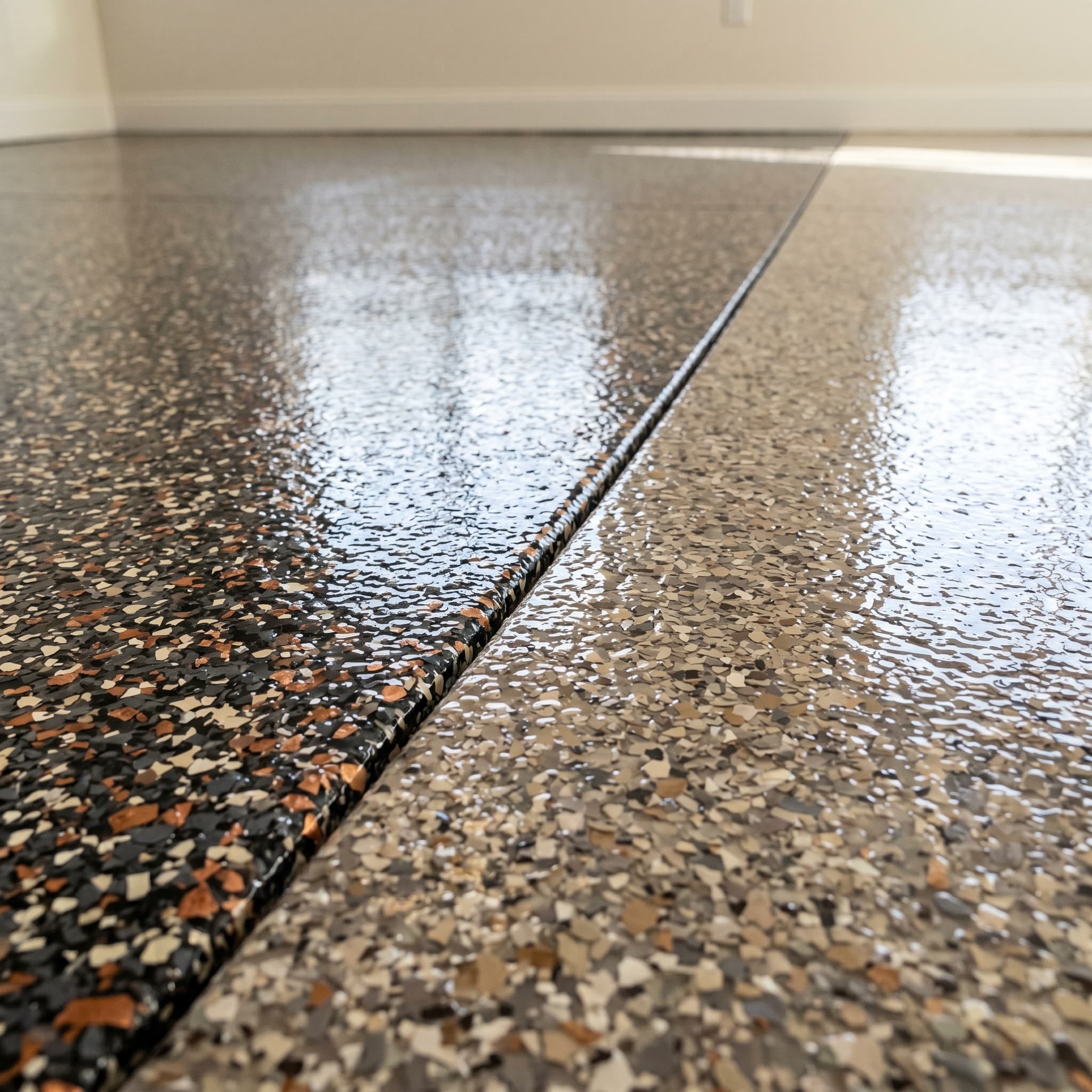 Clean transition between two custom flake color blends, finished floor.