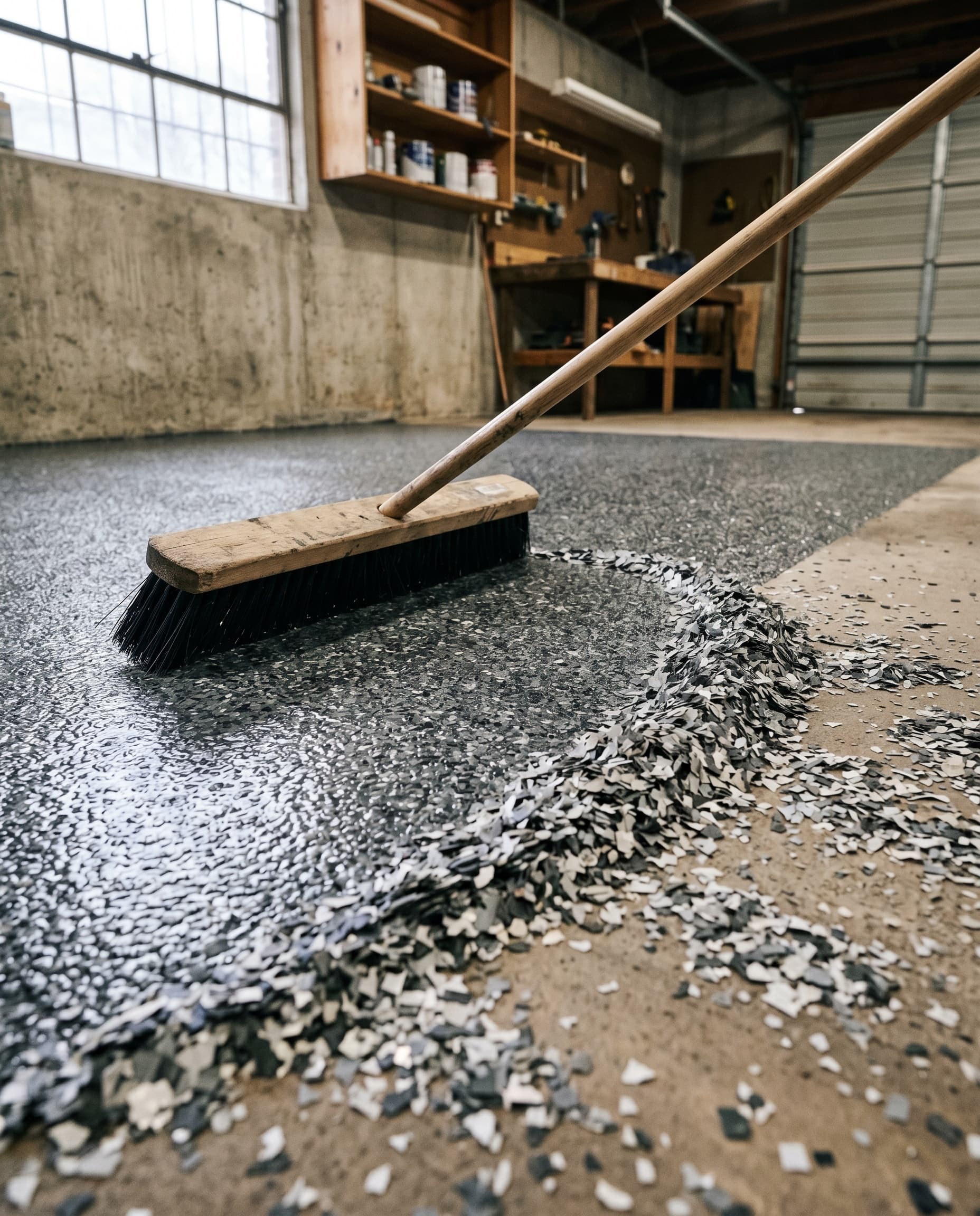 Push broom scraping excess flake morning after broadcast install.