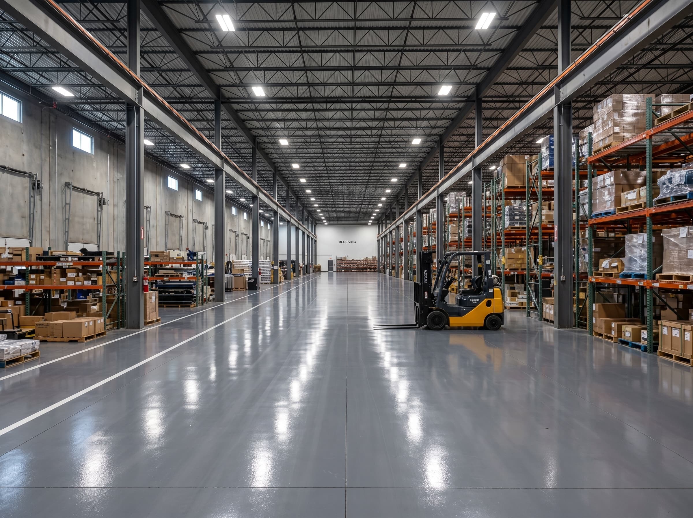 Commercial warehouse epoxy flooring. Forklift-rated grey coating system.