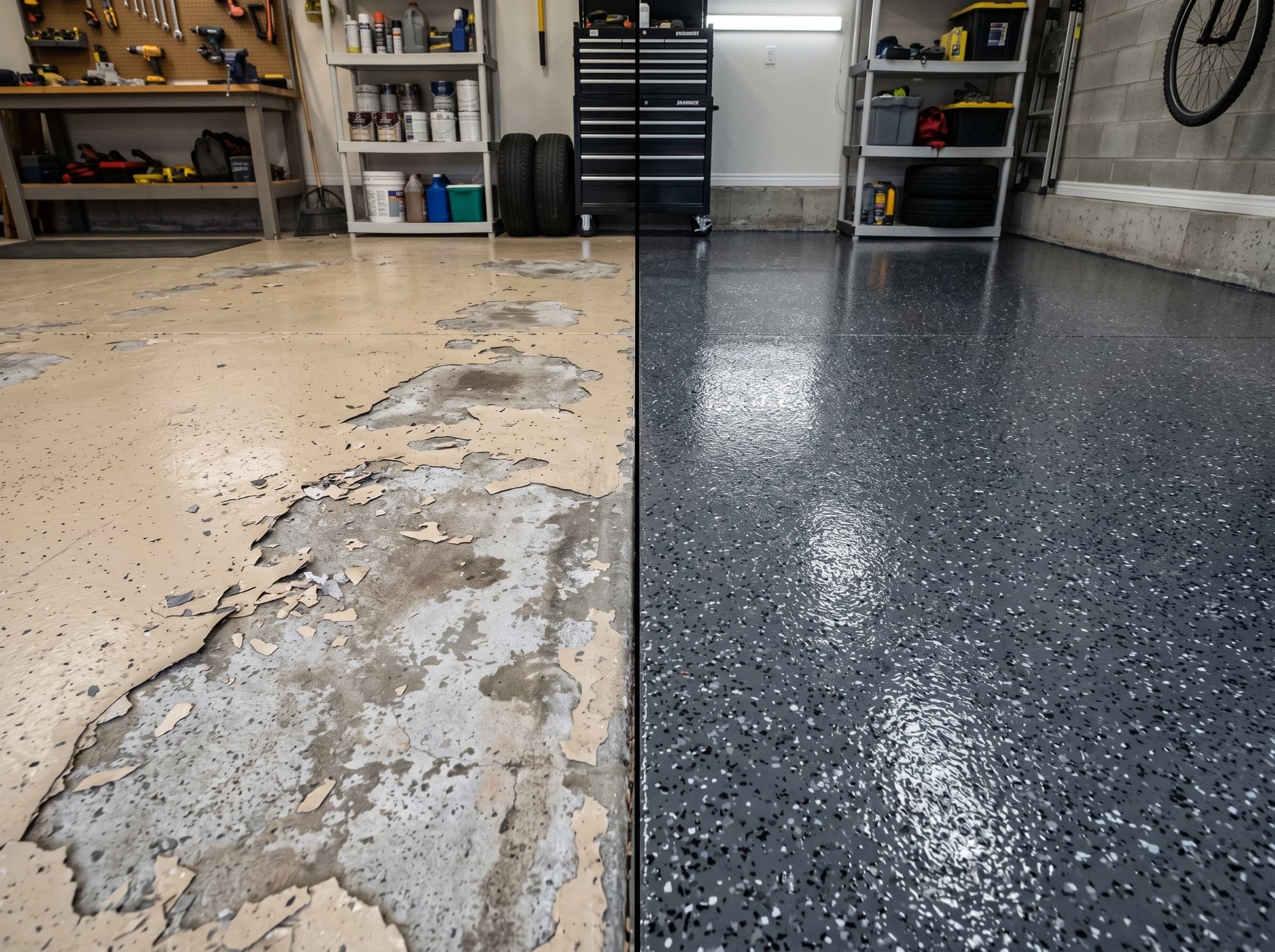 Epoxy repair and recoat in Troy, MI — failed coating on the left, fresh polyaspartic recoat on the right.