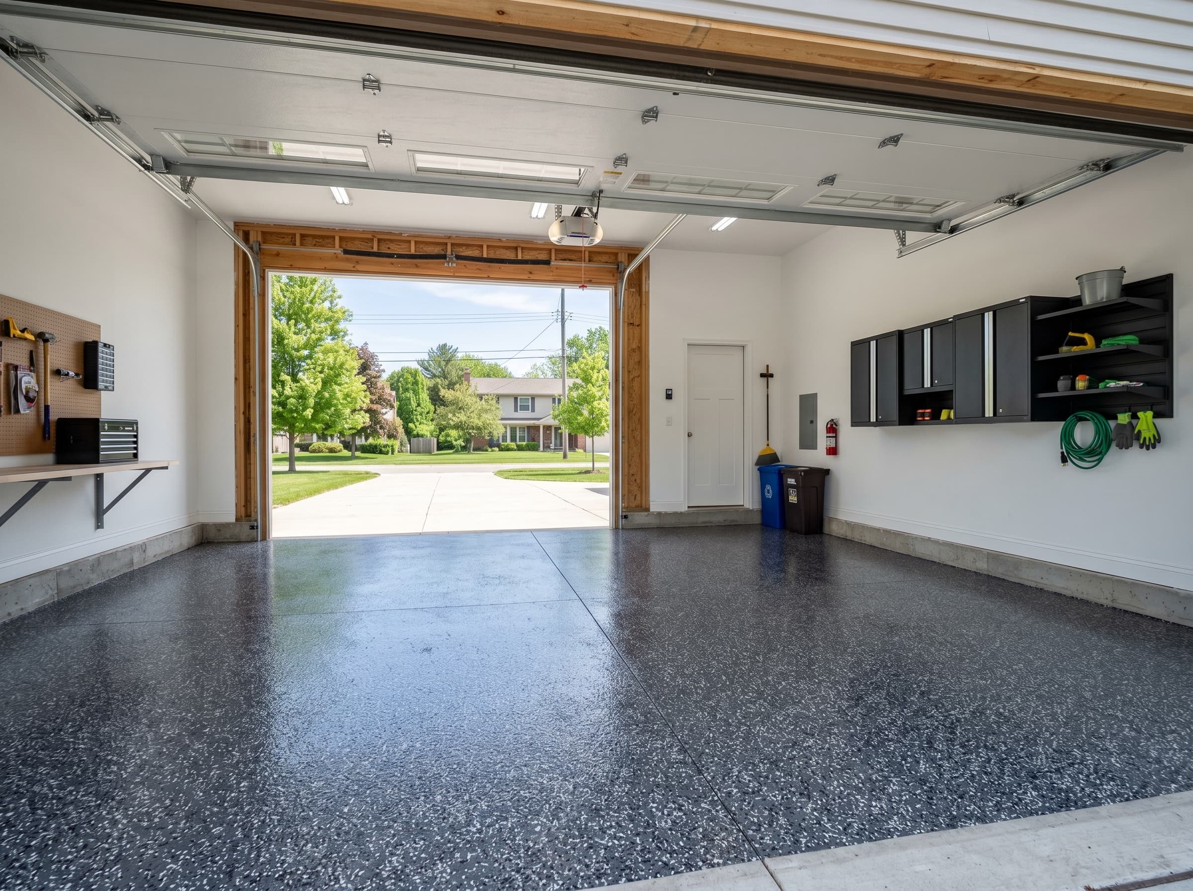 Residential garage floor epoxy coating in Troy, MI — full vinyl-flake broadcast with a glossy charcoal base.