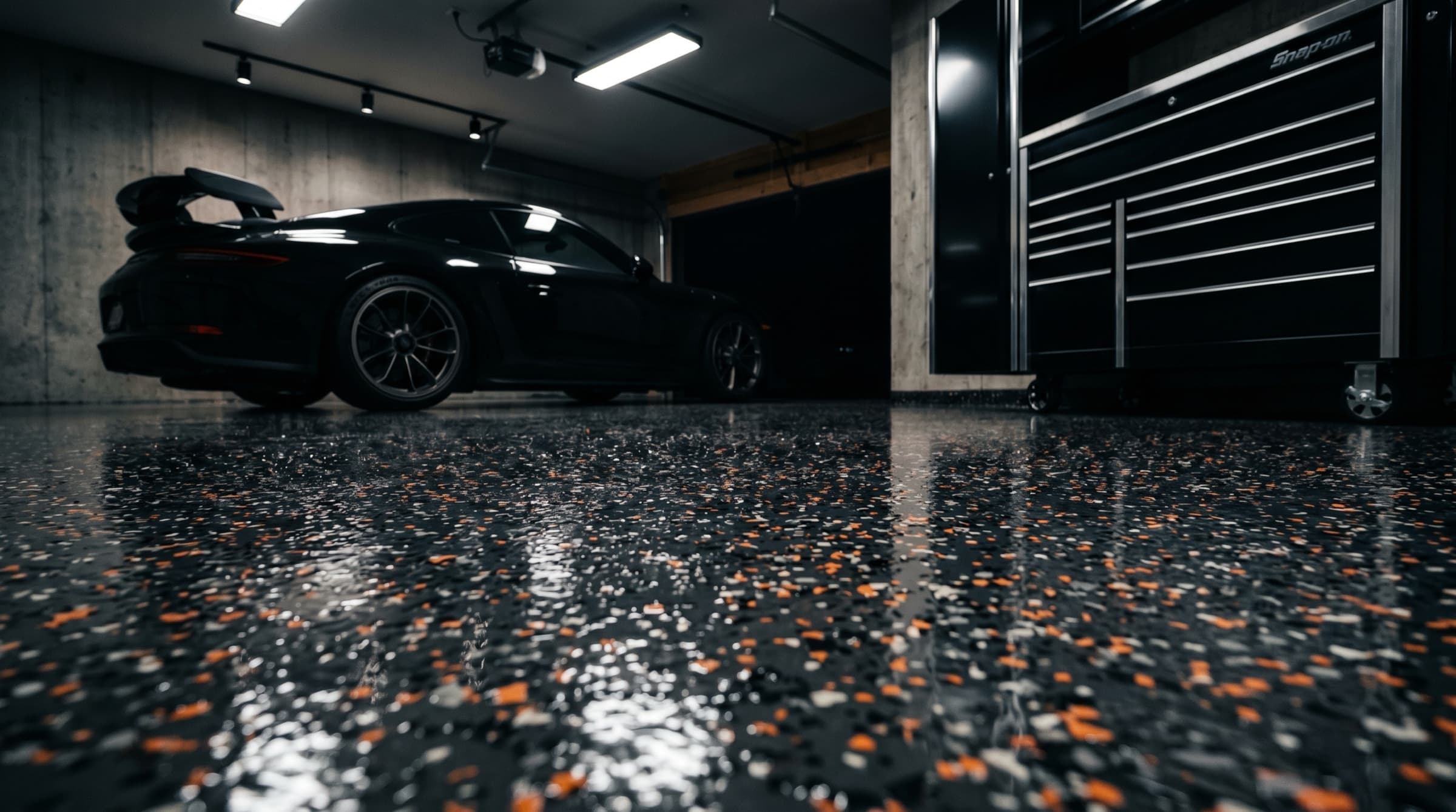 Industrial-premium dark charcoal epoxy flooring in a Troy, MI garage — glossy reflective finish with safety-orange flake highlights.