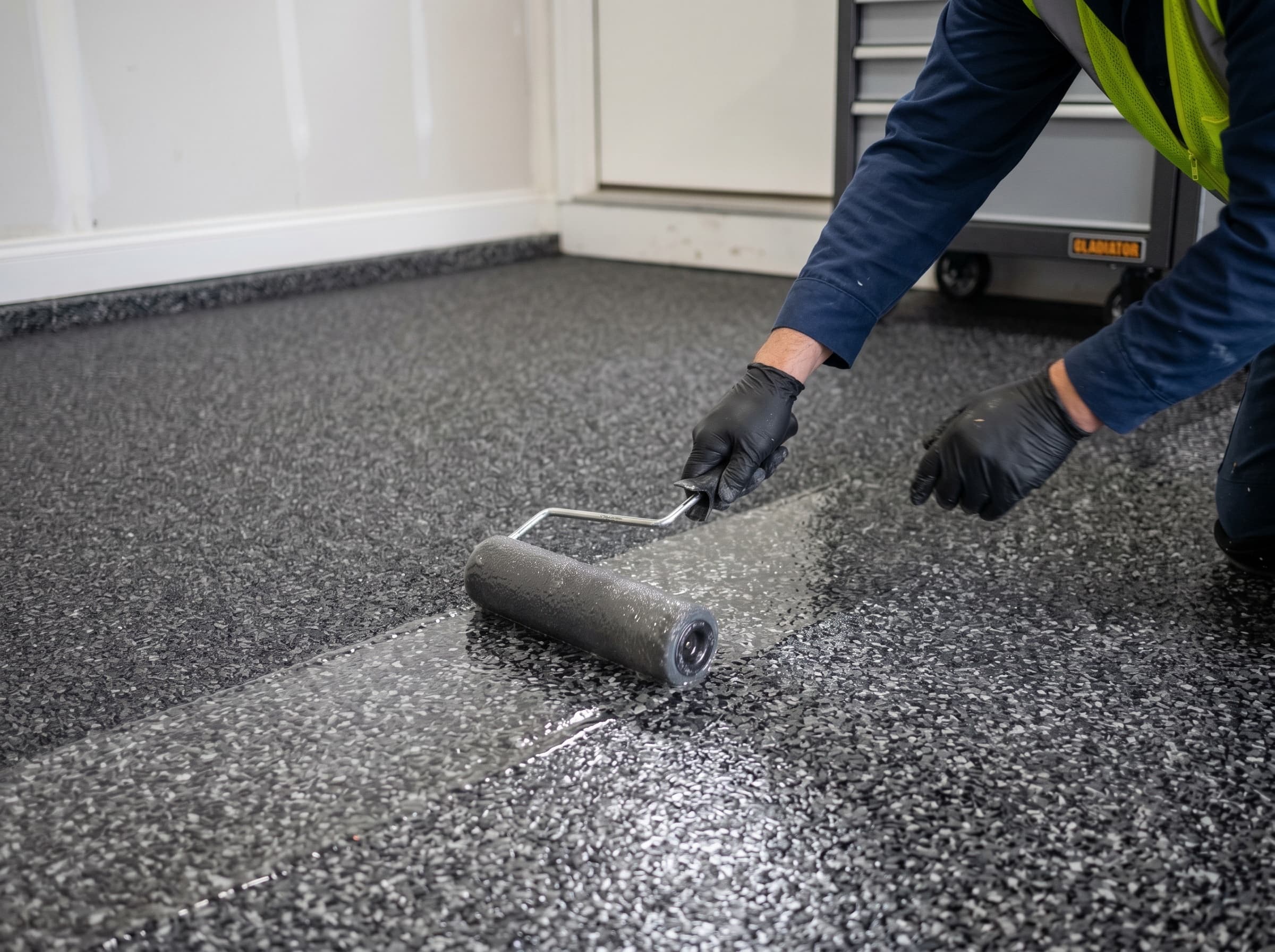 A polyaspartic topcoat being rolled over a freshly broadcast flake epoxy floor in Troy, MI.