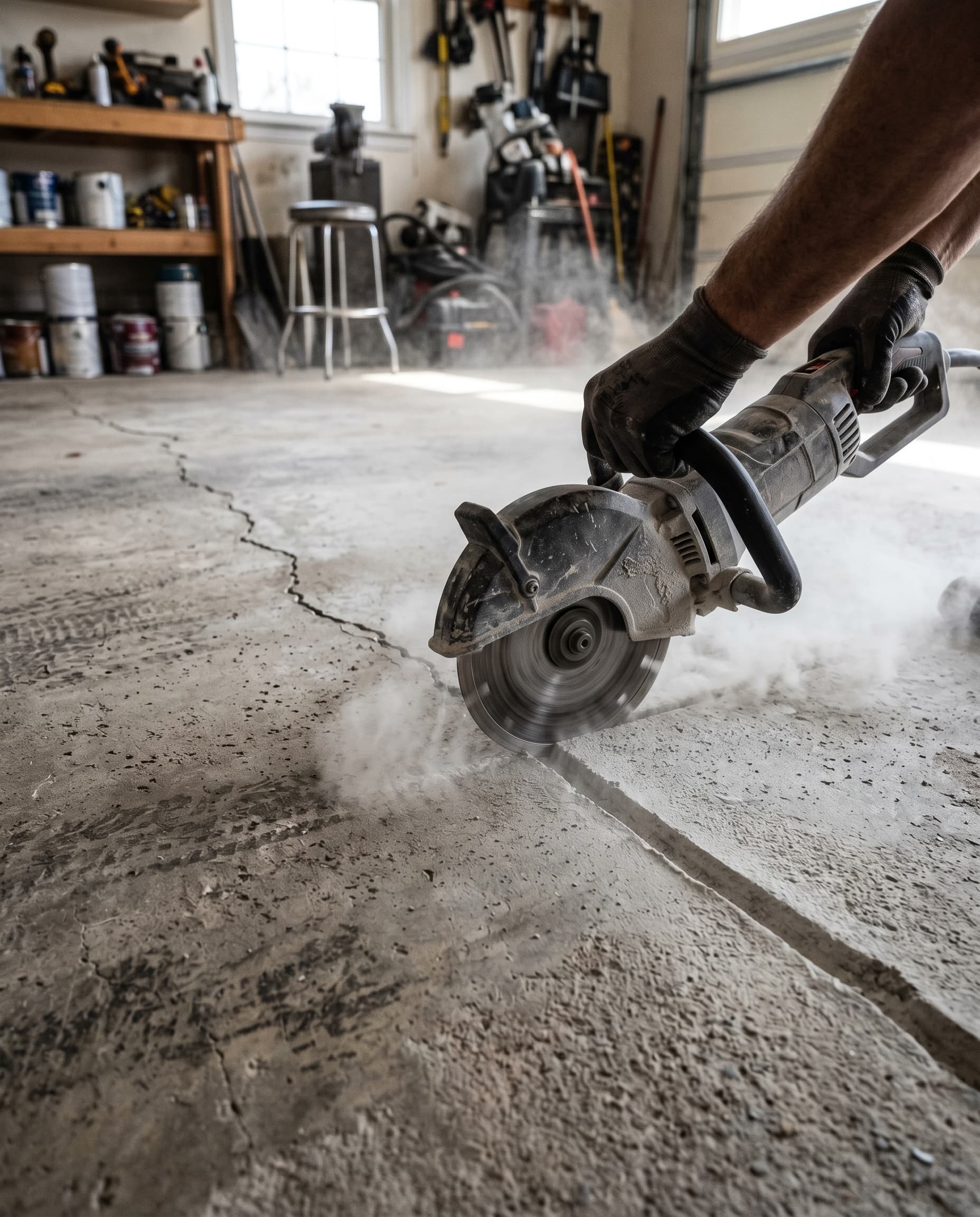 Crack-chase saw opening a hairline crack in Troy concrete slab.