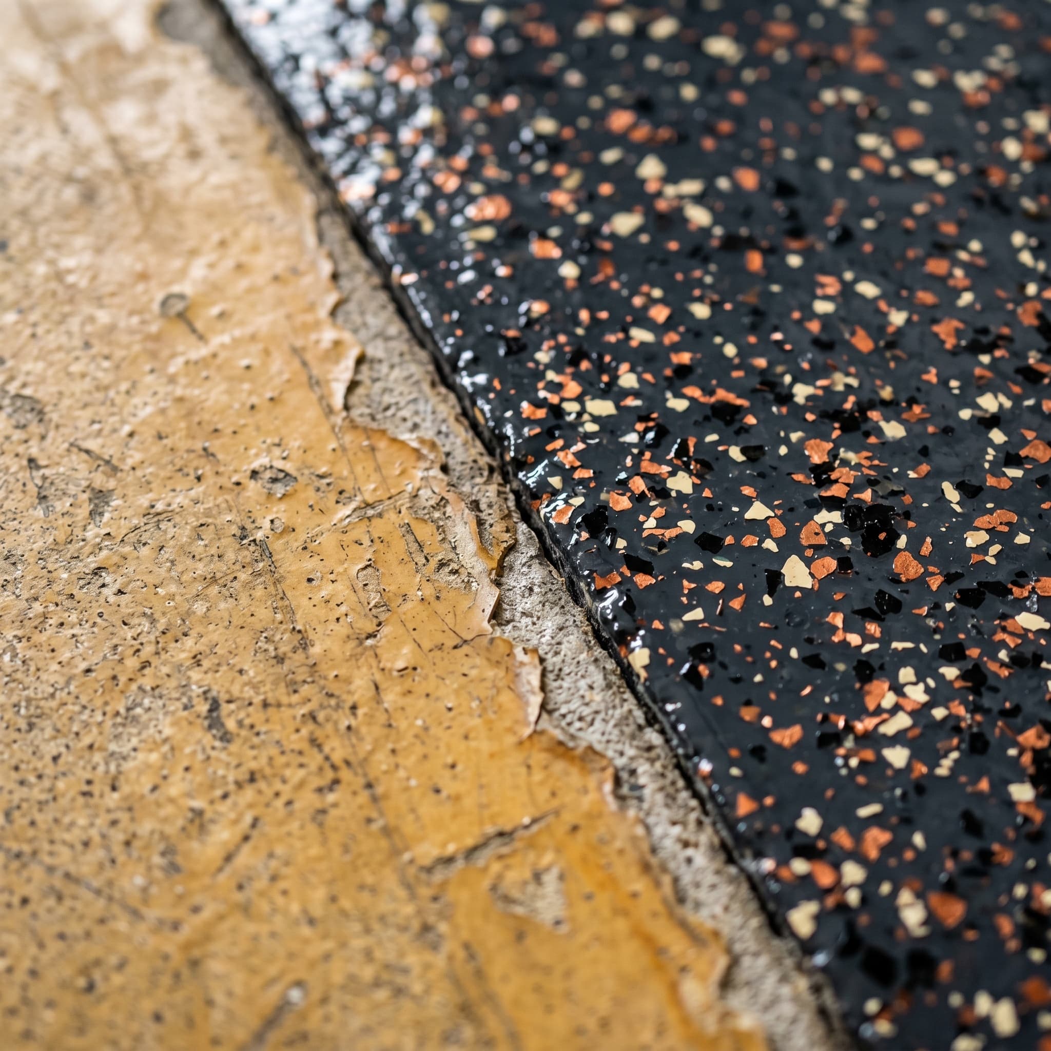 Seam where yellowed old epoxy meets fresh charcoal flake recoat.