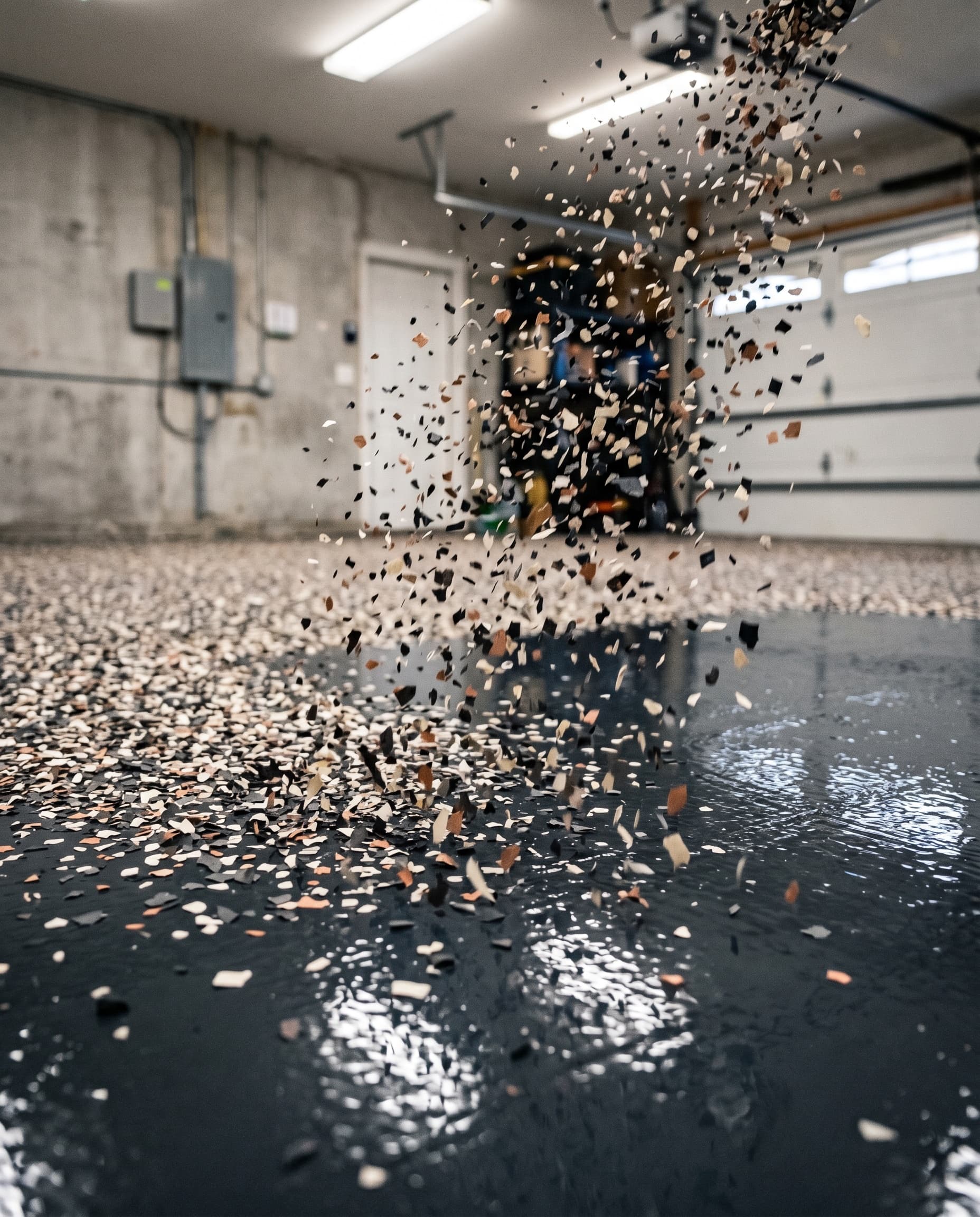 Vinyl flake broadcast into wet charcoal base, Troy garage.