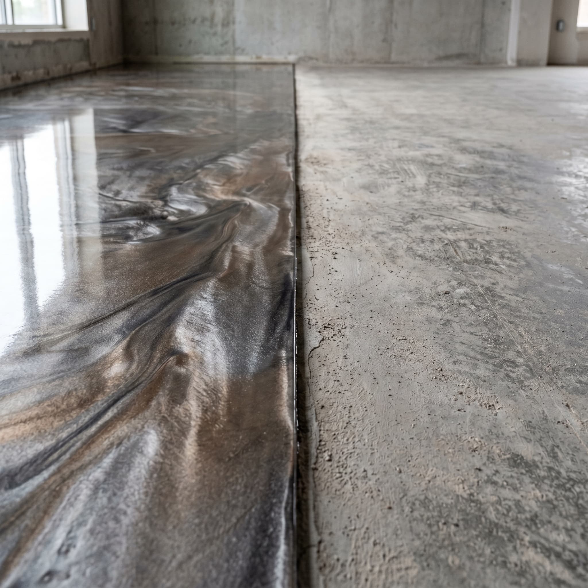 Clean edge where metallic epoxy floor meets bare concrete.