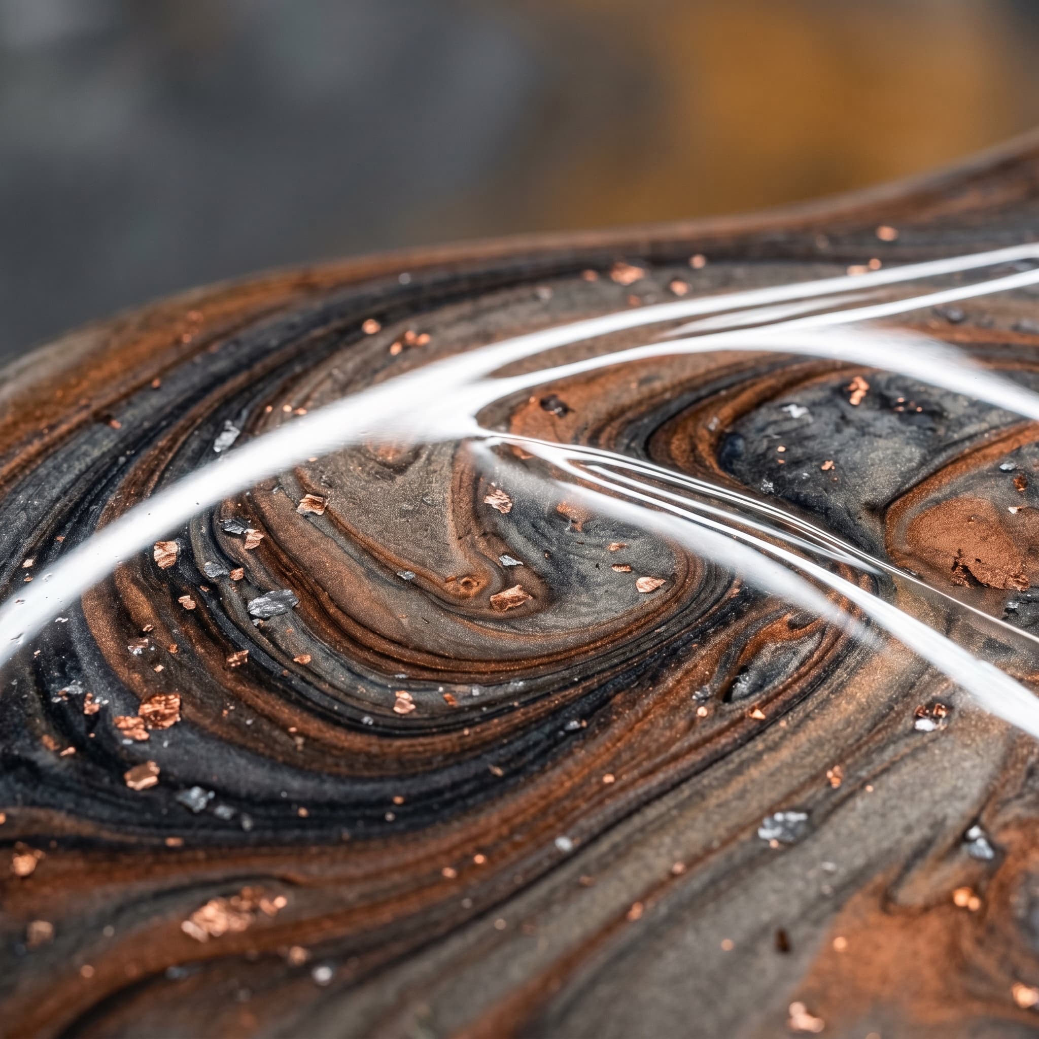 Macro of metallic epoxy swirls in copper, charcoal, warm grey.