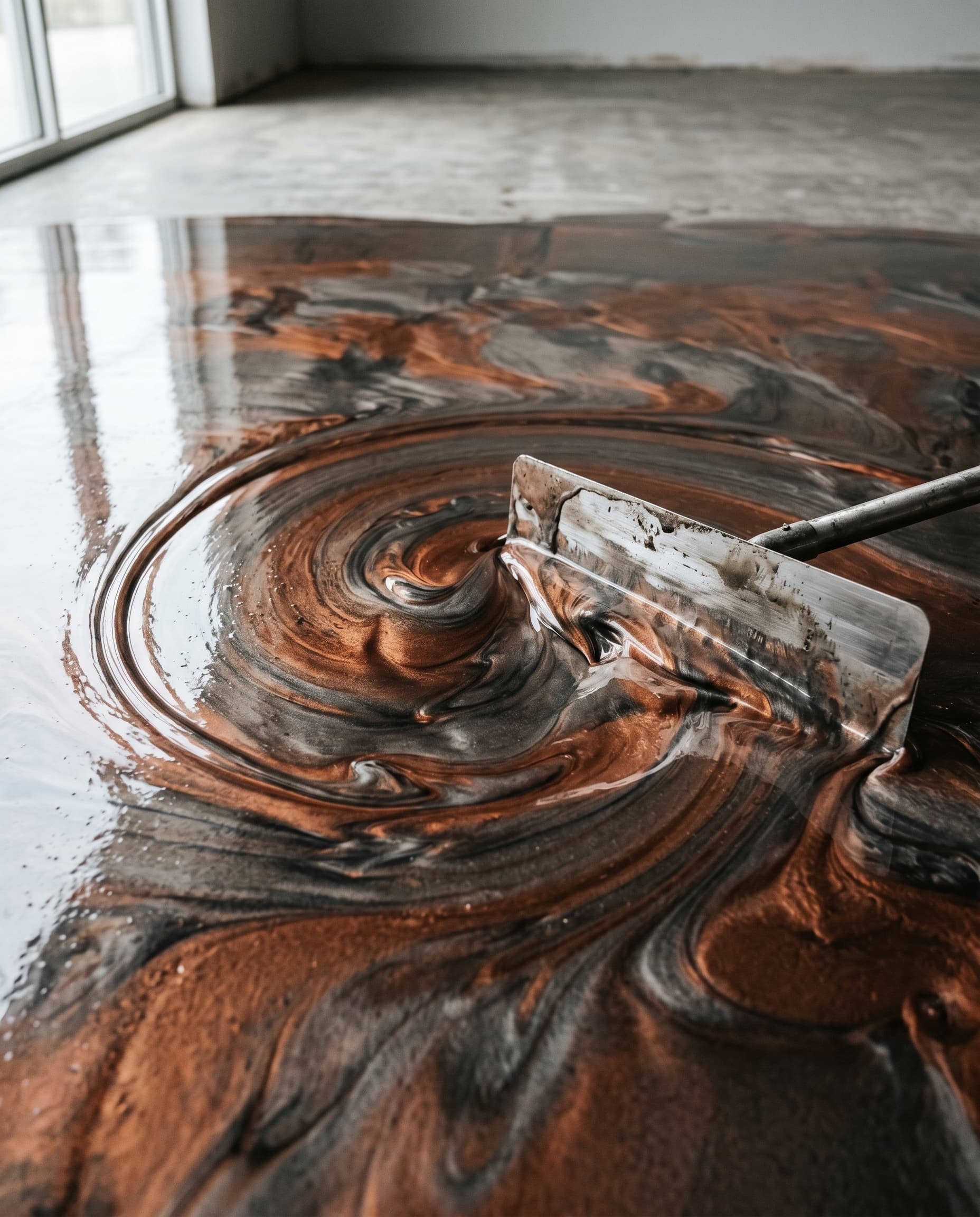 Trowel swirling wet metallic epoxy in copper, charcoal, warm grey.