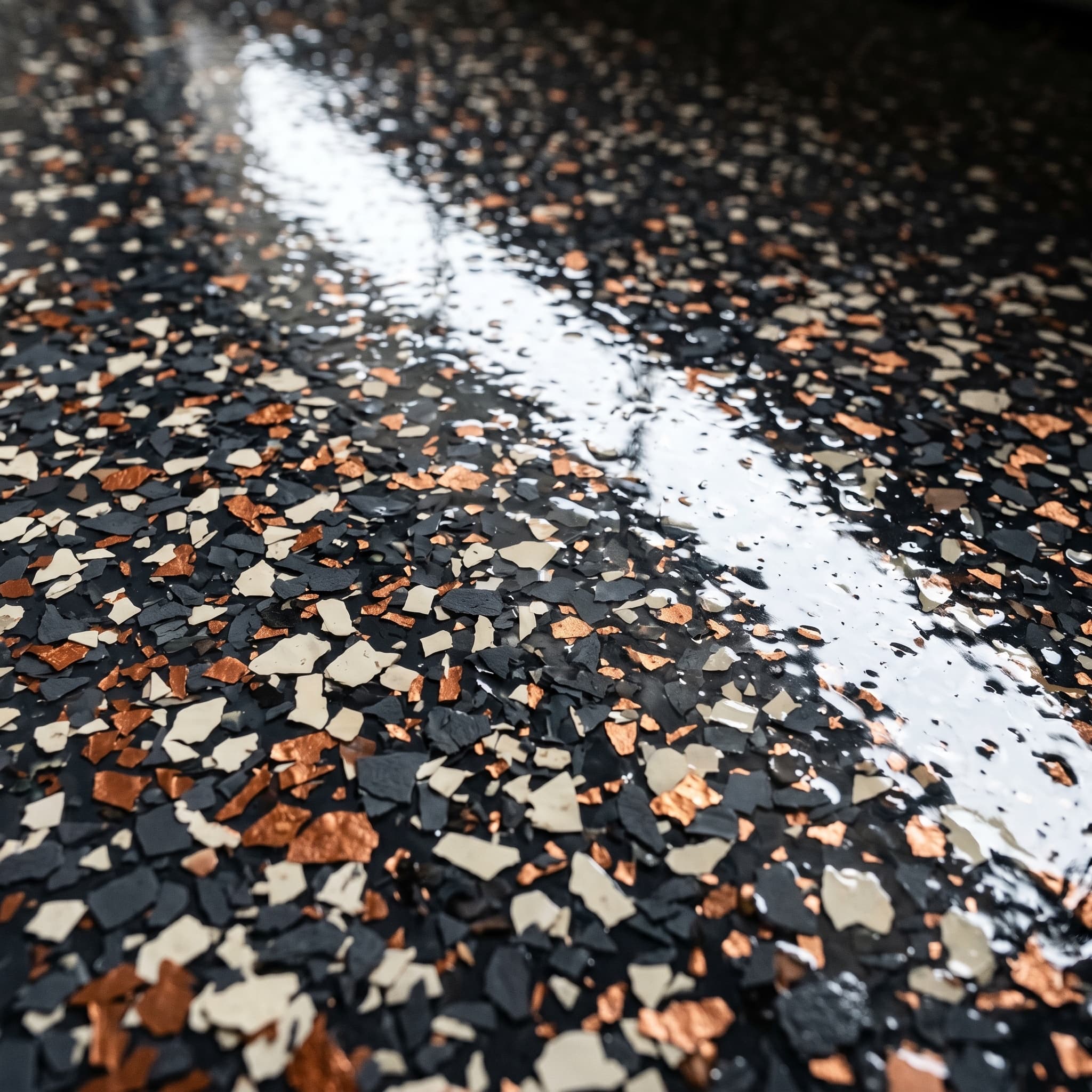 Macro of cured clear polyaspartic over charcoal vinyl flake.