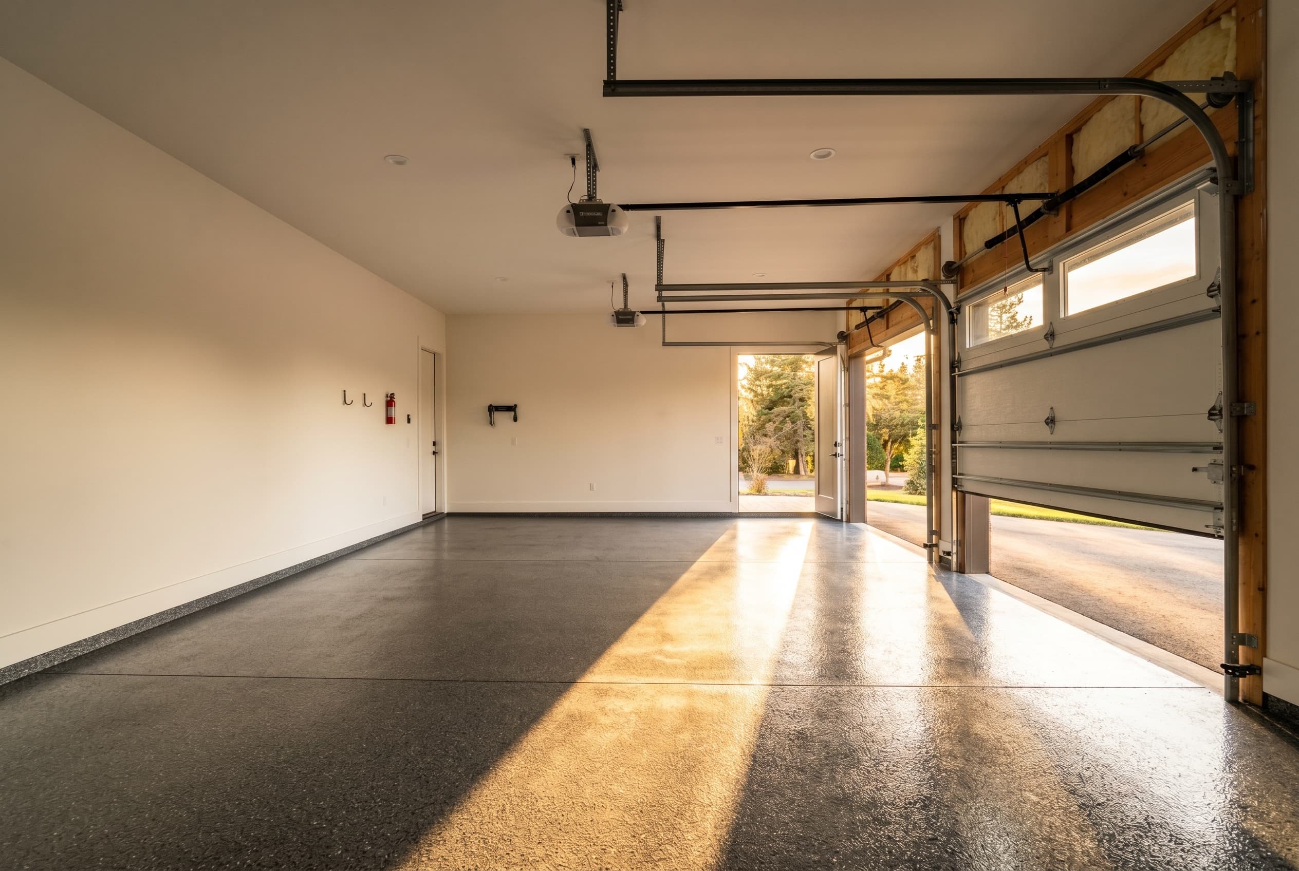 Troy garage at golden hour reflecting off glossy polyaspartic floor.