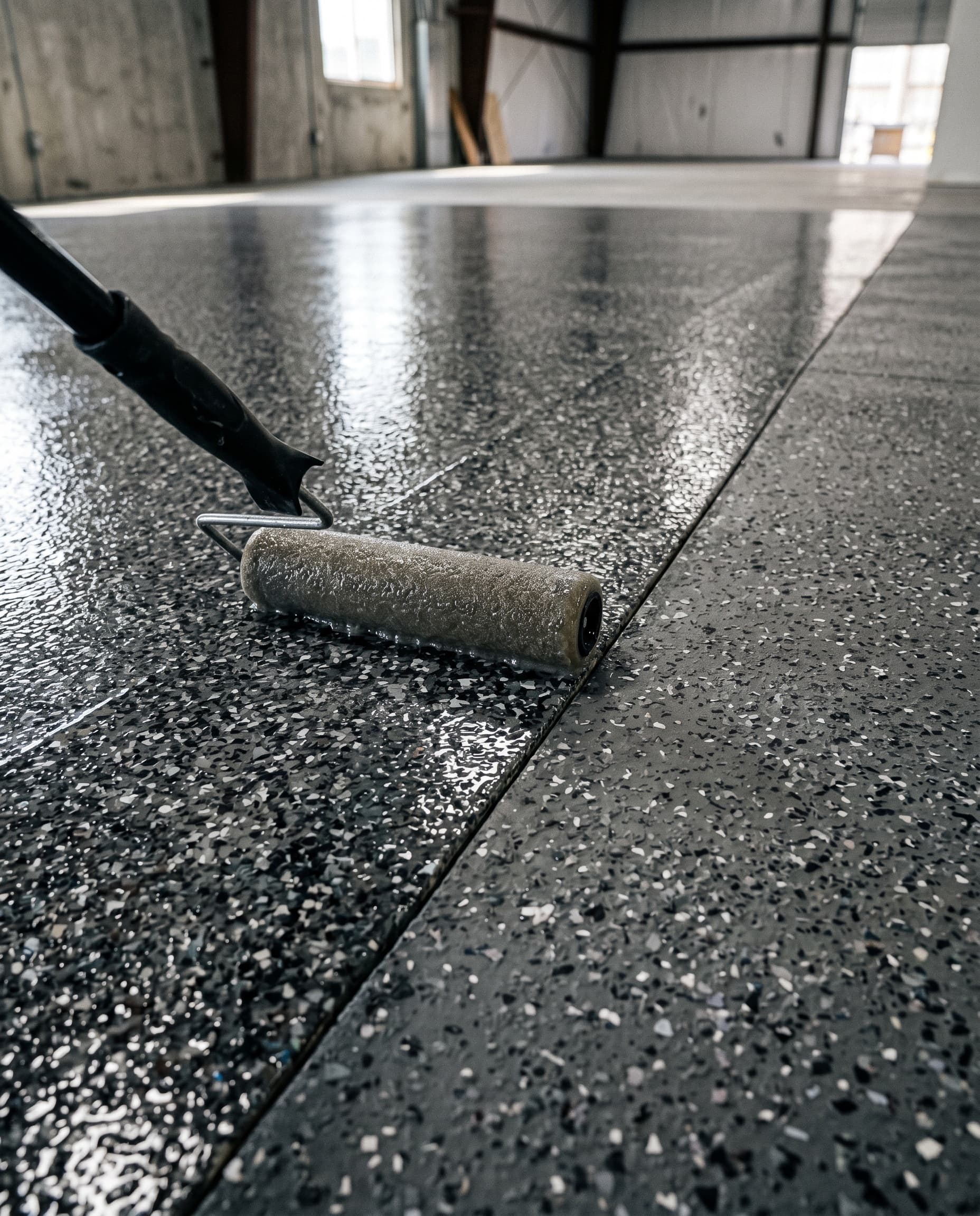 Roller applying clear polyaspartic over charcoal flake epoxy base.